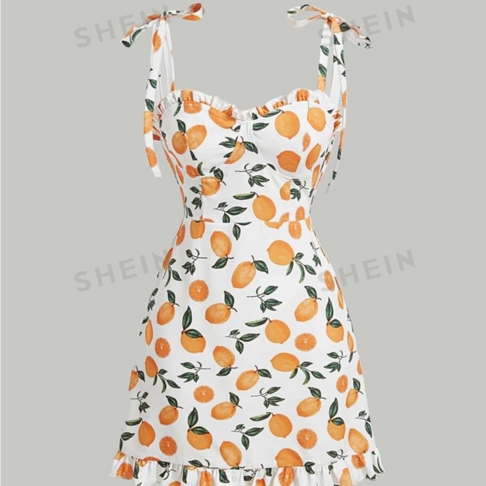 SHEIN orange Fruit Print Tie Shoulder Frill Trim Dress
